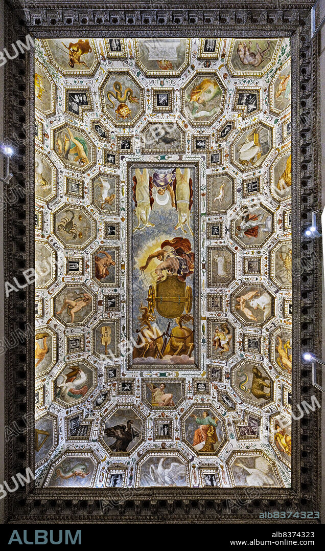 Civic Museum of Chiericati Palace, Hall of the Firmament: the ceiling with allegorical subject (1557-8). In the centre, Phaeton loses control of the chariot of the Sun and the horses. Behind him, the chariot of the Moon driven by Diana . The frescoes in the panels represent the constellations. The white and golden stucco squares are by Bartolomeo Ridolfi. The frescoes are by Domenico Riccio, known as Brusasorzi. The grotesques are by Eliodoro Forbicini.. The cycle represents an example of sixteenth-century astrological studies.