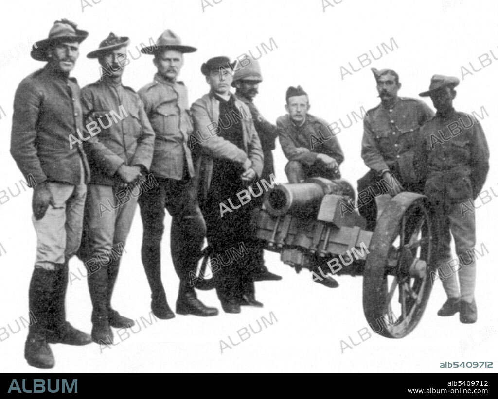The Siege of Mafeking was a 217 day siege battle for the town of Mafeking (now called Mahikeng) in South Africa during the Second Boer War from October 1899 to May 1900. The siege received considerable attention as Lord Edward Cecil, the son of the British prime minister, was in the besieged town. The siege turned the British commander, Colonel Robert Baden-Powell, into a national hero. The Relief of Mafeking (the lifting of the siege), while of little military significance, was a morale boost for the struggling British. The Second Boer War (October 11, 1899 - May 31, 1902) was fought between the British Empire and two Boer states, the South African Republic (Republic of Transvaal) and the Orange Free State, over the Empire's influence in South Africa. The war ended in surrender and British terms with the Treaty of Vereeniging in May 1902. Both former republics were incorporated into the Union of South Africa in 1910, as part of the British Empire. No photographer credited, undated.