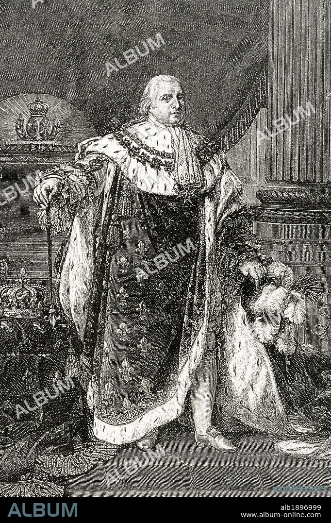 LUIS XVIII (Versalles, 1755-París, 1824). Rey de Francia de 1814-15 y 1815-24. Hermano de Luis XVI. Subió al trono tras la caida de Napoleón. Huyó a Bélgica durante los Cien Días e intervino en la guerra de España en favor de Fernando VII, enviando un cuerpo del ejército al mando del duque de Angulema. Grabado.