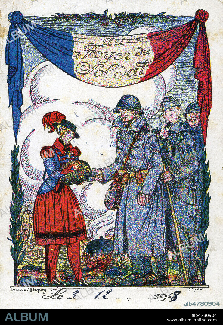 Au foyer du soldat (cantiniere servant du vin). Caricature de Maurice TAQUOY (ne en 1878) pour une carte postale de 1917. Collection IM/Kharbine-Tapabor.