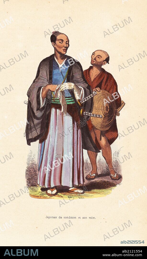Japanese nobleman in chonmage, wearing kamishimo, kimono, hakama and gloves, with two swords on his belt. Valet with straw hat. Handcoloured woodcut by Mercier and Pannemaker after an illustration by H. Hendrickx from Auguste Wahlen's "Moeurs, Usages et Costumes de tous les Peuples du Monde," Librairie Historique-Artistique, Brussels, 1845. Wahlen was the pseudonym of Jean-Francois-Nicolas Loumyer (1801-1875), a writer and archivist with the Heraldic Department of Belgium.