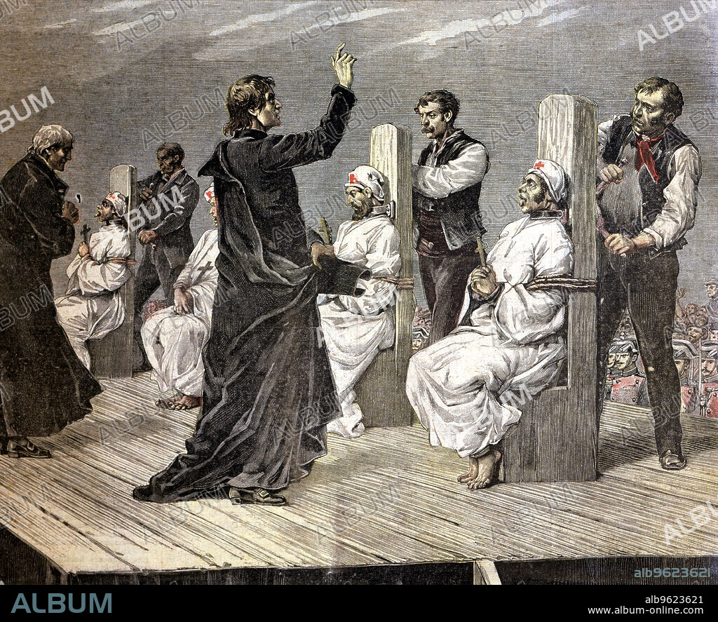 Execution of anarchists to garotte in Jerez de la Frontera, 1892, color etching.