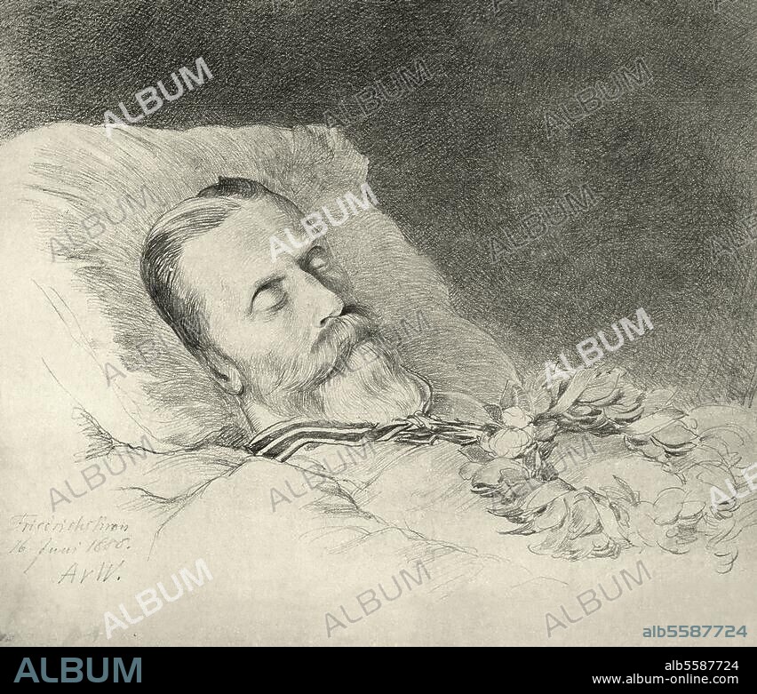 Friedrich III., deutscher Kaiser, König von Preußen; Potsdam 18.10.1831 - ebd. 15.6.1888. Kaiser Friedrich auf dem Totenbett in Schloß Friedrichskron (= Neues Palais) in Potsdam am 16. Juni 1888. Zeichnung von Anton von Werner.