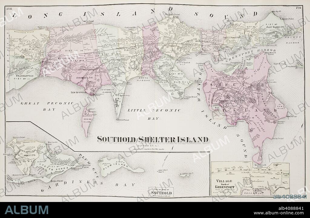 Map of Southold Shelter Island on Long Island New York in the United States. . Atlas of Long Island, New York. From recent and actual Surveys and Records under the superintendence of F.W. Beers. New York, 1873. Source: Maps.33.d.17 ff.178-179. Language: English.