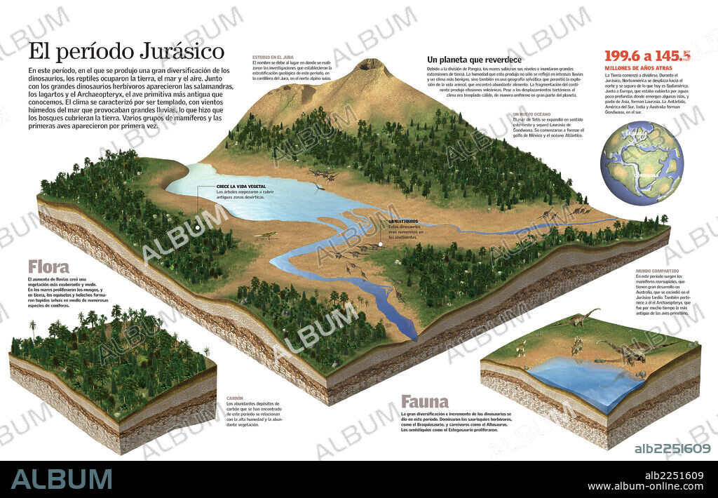 El período Jurásico. Infografía del medio natural durante el período Jurásico; de su fauna, flora y de la división del continente Pangea.
