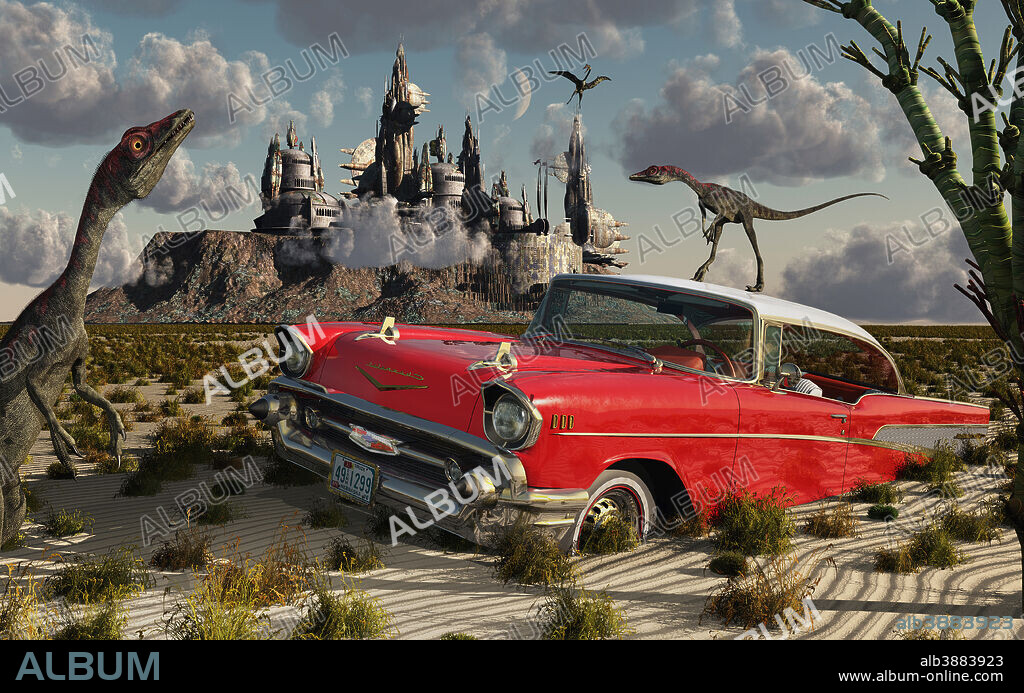 Artist's concept illustrating a strange combination of Compsognathus dinosaurs, a red Cadillac and futuristic buildings. It is as though time has become scrambled between the past and future, perhaps the result of a time portal or a dimensional doorway.