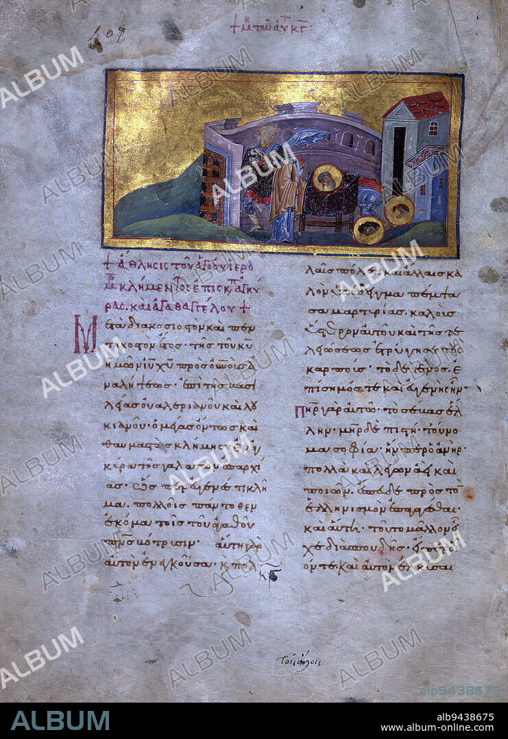 Imperial Menologion, Exploit of the Holy Martyr Clement Bishop of Ancyra and of Agathangelus, This manuscript contains the biographies of saints whom the Church commemorates on January 1 through January 31. It was originally part of a set covering the entire year. A companion volume, with texts for March, survives now in Moscow (State Historical Museum, MS Synod. gr. 183). Each chapter in both manuscripts opens with a miniature depicting the death of the respective saint, or less often, another significant event from her or his life. Each text also ends with a seven-line prayer for the well-being of an emperor whose name is spelled by the lines' initial letters as MIChAEL P. This is almost certainly Michael IV, who reigned in 1034-41. The meaning of the letter P is not quite clear. When first used, the books were evidently read out in the emperor's presence, probably in one of the numerous chapels of the great imperial palace in Constantinople, capital of the Eastern Roman Empire.