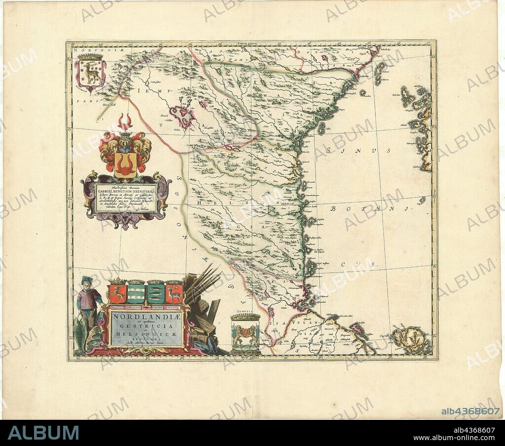 Map, Nordlandiæ et quibies Gestricia et Helsingicæ regiones, Andreas Bureus (1571-1646), Copperplate print.