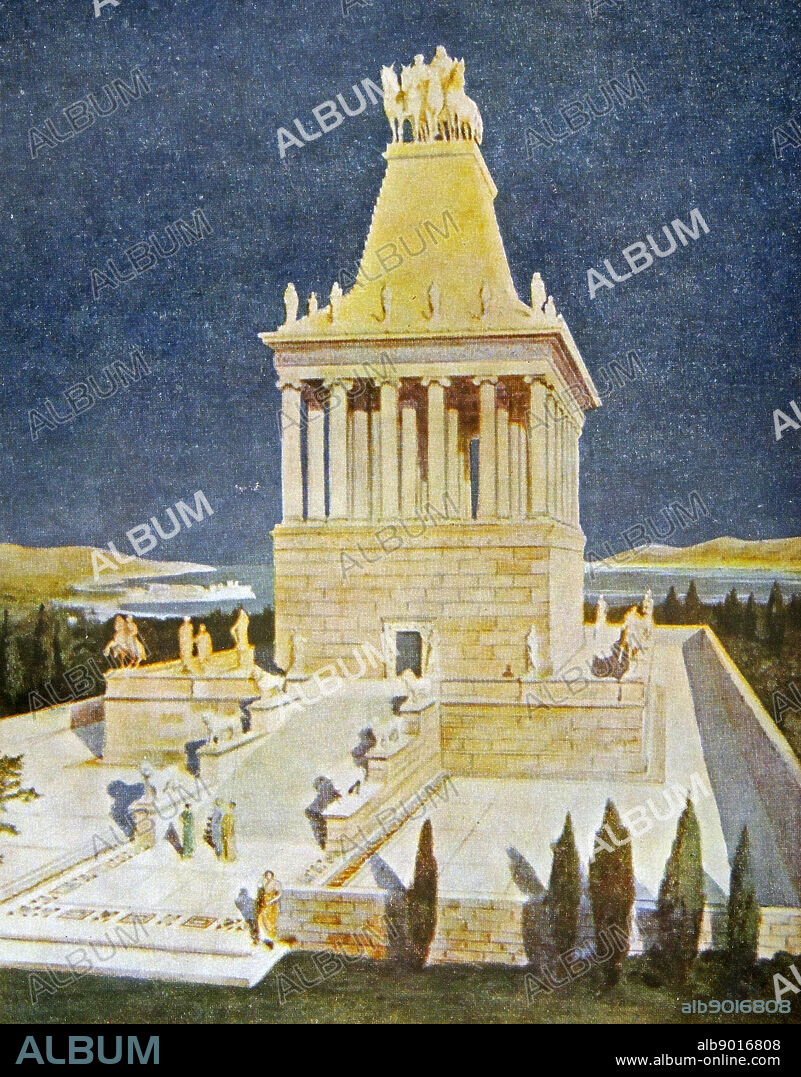 An illustration of the Mausoleum of Halicarnassus, also known as, the Tomb of Mausolus. Built between 353 and 350 B.C. at Halicarnassus (present day Bodrum, Turkey) for Mausolus, a Satrap in the Persian Empire, and his wife.