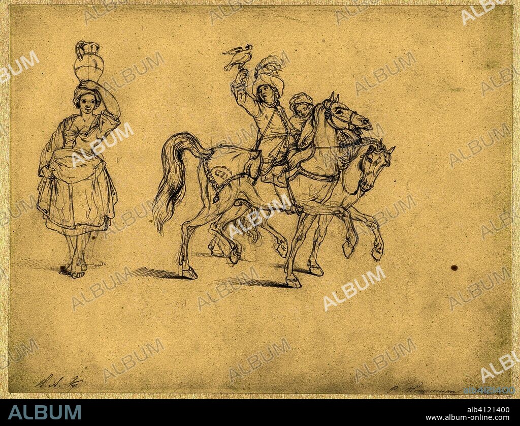 Peasant woman with jug on the head and a falconer on horseback. Artist: Philips Wouwerman. Artist: Andrea Mantegna (possibly). Draughtsman: Hendrik Abraham Klinkhamer. Dating: 1820 - 1872. Measurements: h 206 mm × w 268 mm.