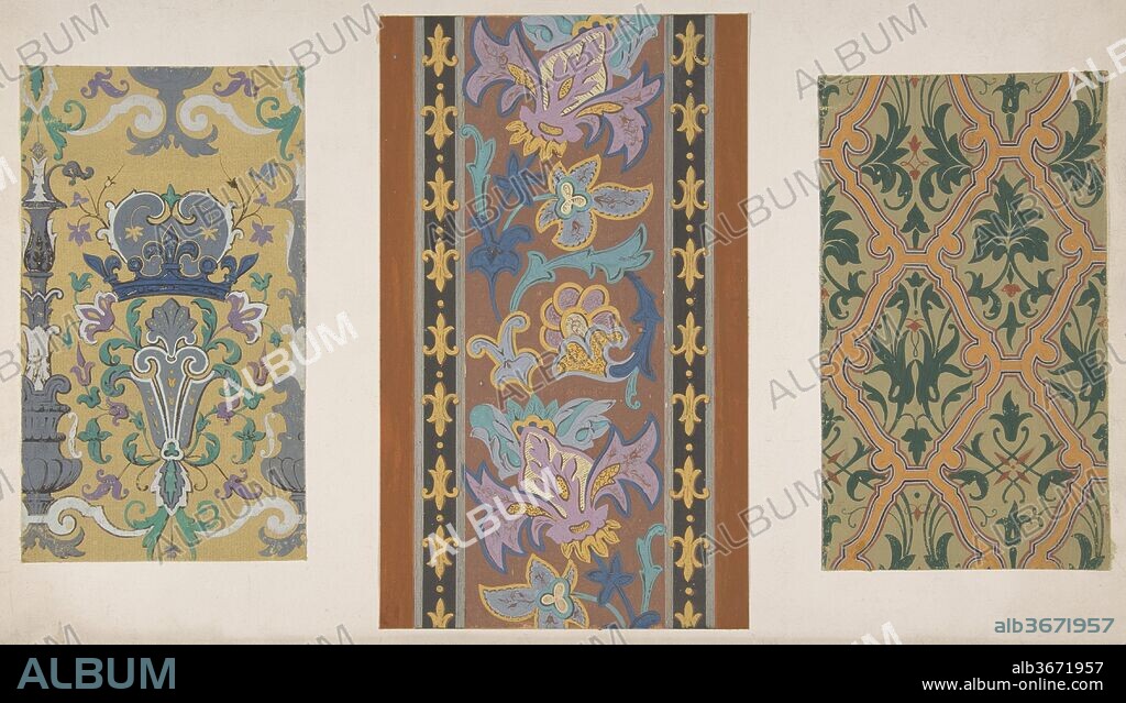 Three designs for wallpaper featuring strapwork, rinceaux, and fleurs-de-lis. Artist: Jules-Edmond-Charles Lachaise (French, died 1897); Eugène-Pierre Gourdet (French, born Paris, 1820-1889). Dimensions: Overall: 18 11/16 x 12 5/16 in. (47.4 x 31.3 cm). Date: 1830-97.
