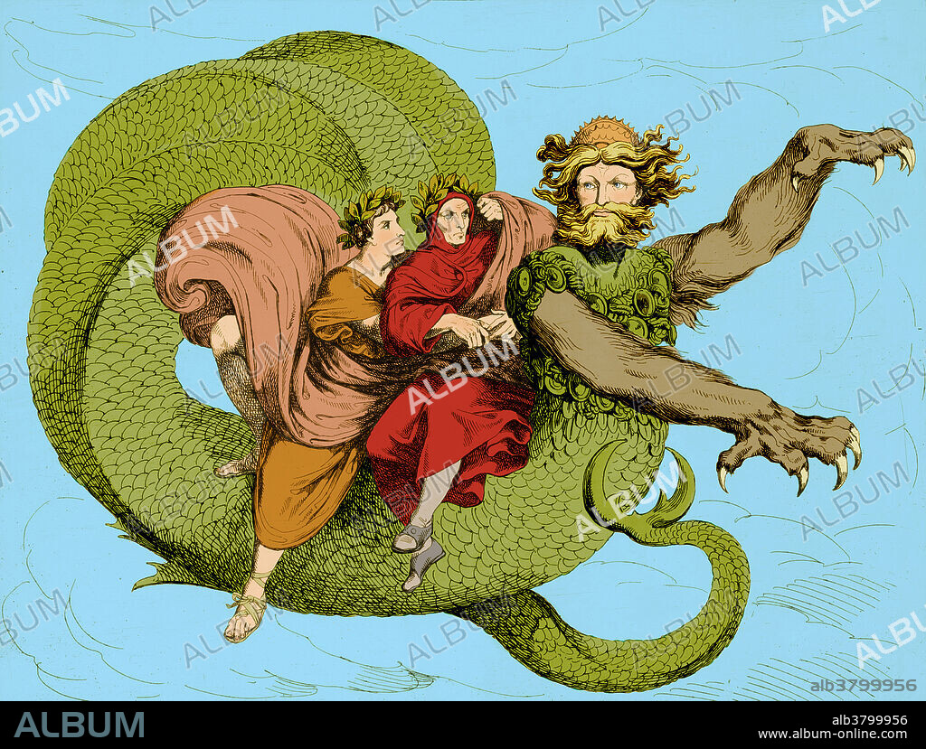 Virgil and Dante sitting on the back of Geryon, being transported from the 8th to the 7th circle of Hell in Dante's Divine Comedy. Illustration from 1825 by Bartolomeo Pinelli. Dante Alighieri (1265 - 1321) was an Italian poet and moral philosopher best known for the epic poem The Divine Comedy. On the surface, the poem describes Dante's travels through Hell, Purgatory, and Paradise, but at a deeper level, it represents, allegorically, the Christian soul's journey towards God.