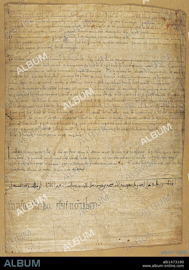 ARTE ROMANICO. ESPAÑA. DIPLOMA original del TRATADO ENTRE SANCHO IV " EL DE PEÑALEN", rey de Pamplona (1040-1076) y ALMUQ-TADIR, el 25 de mayo de 1073. Archivo Histórico Nacional. Madrid.