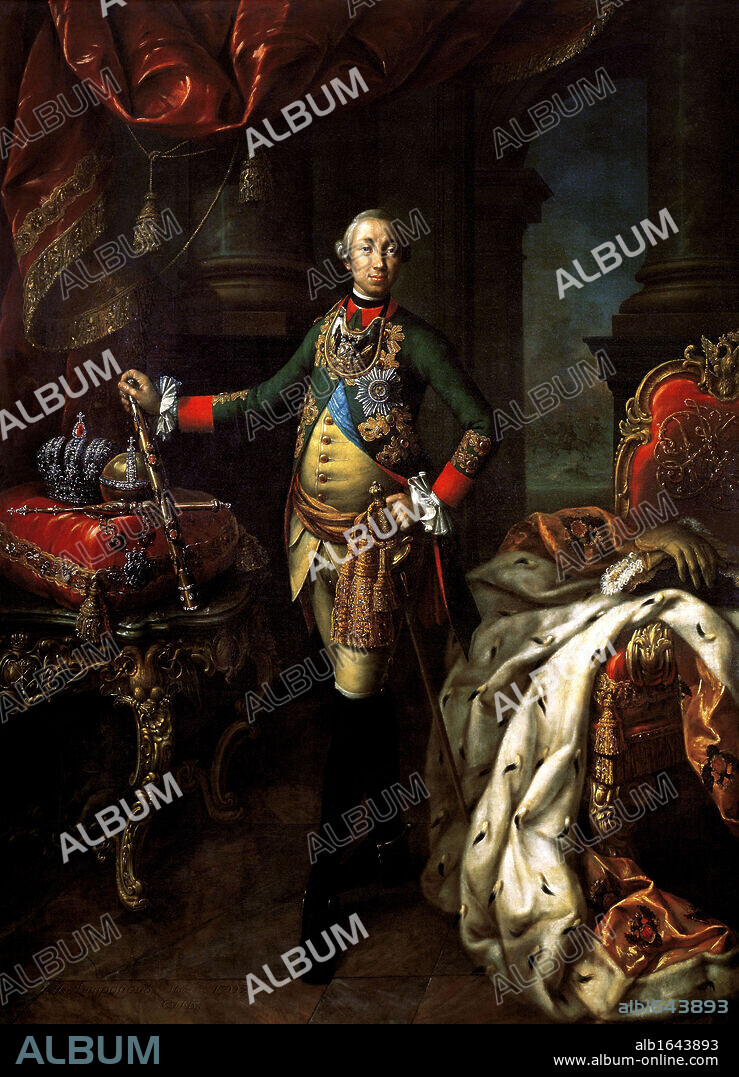 Portrait of Peter III', 1762.  Oil on canvas. Alexei Petrovich Antropov (1716-1795) Russian painter. Peter III (1728-1762) Emperor of Russia January to July 1762.  Full-length portrait. Military Uniform Crown Orb Sceptre Ermine Sword Royalty.
