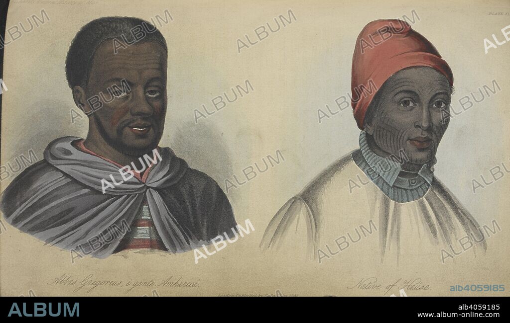 JAMES COWLES PRICHARD. Abbas Gregorius and a native of Hausa, 1848. Portraits of Abbas Gregorius, the celebrated instructor of Ludolf, an Amhara from Ethiopia, and native of Hausa, probably a West African. The Natural History of Man; comprising inquiries into the modifying influence of physical and moral agencies of the different tribes of the human family. London, 1845. Source: 10007.d.23 plate 13 and 14 opposite page 296. Language: English.