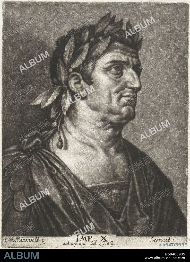 Portrait of Emperor Vespasian, Johann Friedrich Leonard, after Michiel Jansz van Mierevelt, 1643 - 1680, print maker: Johann Friedrich Leonard, (mentioned on object), Michiel Jansz van Mierevelt, (mentioned on object), 1643 - 1680, paper, engraving, h 167 mm × w 126 mm, FTZYC Doctype.