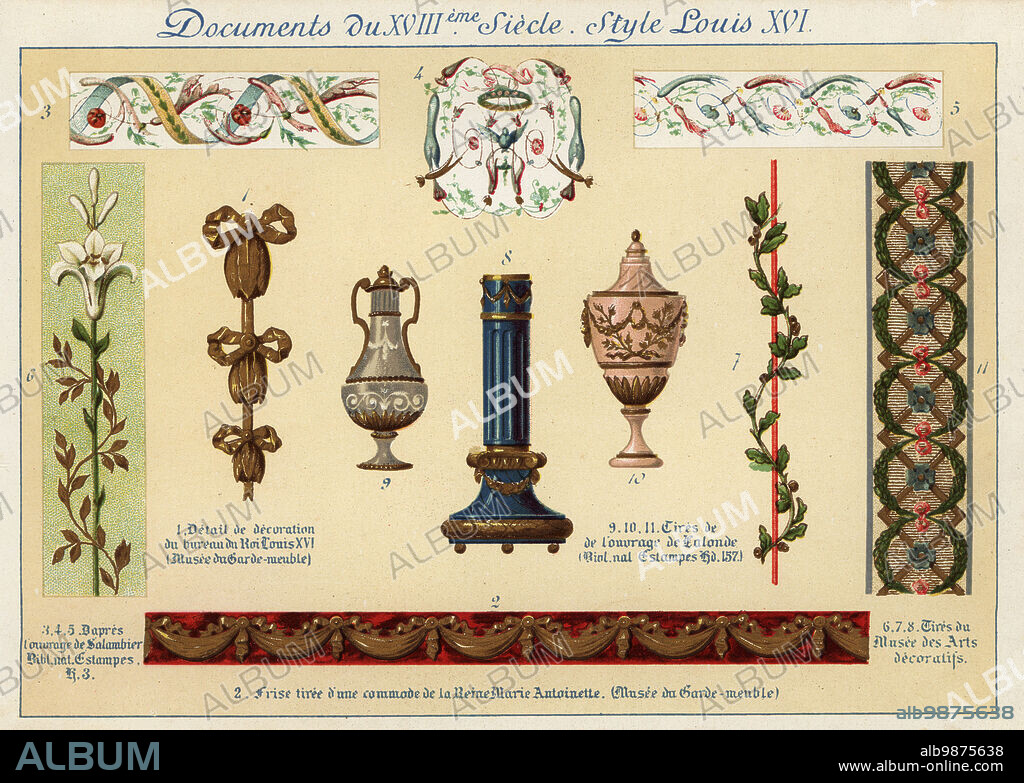 Design elements from the era of King Louis XVI, 18th century. 1 detail of decoration from the office of Louis XVI, 2 frieze from the commode of Queen Marie-Antoinette, 3-5 after Francois Salembier, 6-8 from the Museum of Decorative Arts. Chromolithograph designed and lithographed by Ernst Guillot from Elements d'Ornementation du XVIIIe Siecle, Elements of Ornament of the 18th century, Renouard, Paris, 1890.