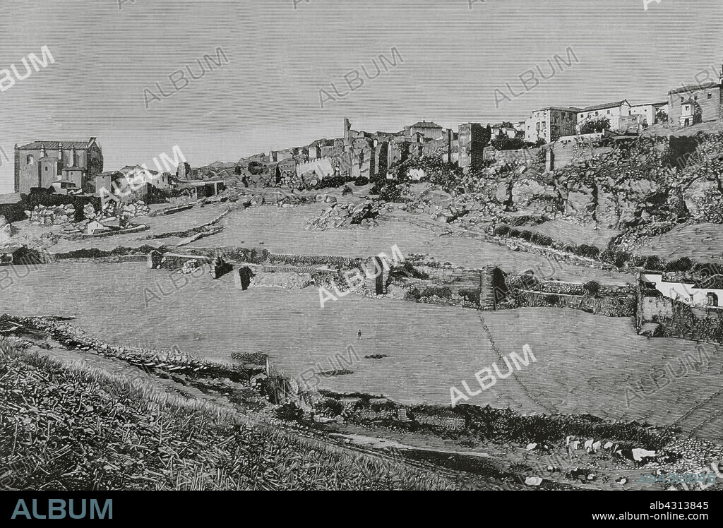 Historia de España. Andalucía. Ronda. Panorámica de la localidad con sus antiguas murallas fundadas por los romanos y restauradas en época musulmana. Grabado. La Ilustración Española y Americana, 8 de mayo de 1884.