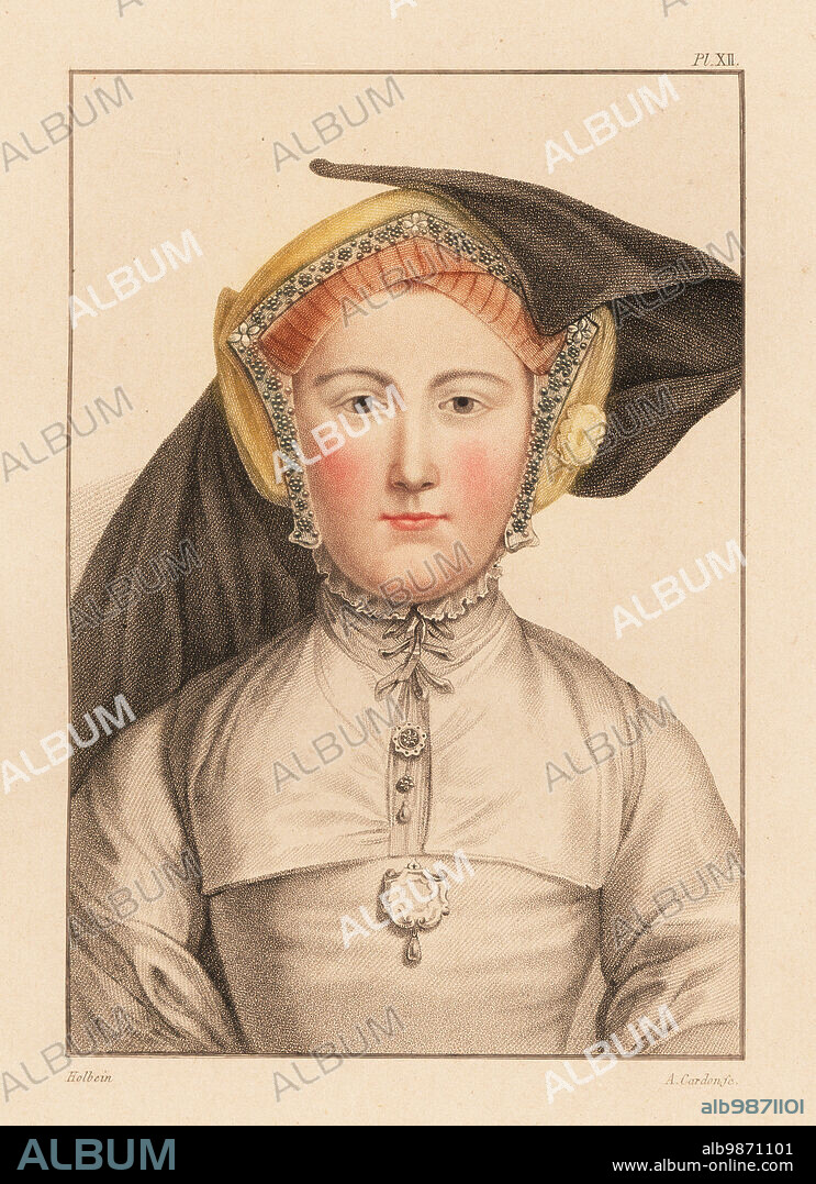 Portrait of an unknown young woman, court of Henry VIII, c. 1532. Wearing an asymmetrical gable hood headdress. Handcoloured copperplate stipple engraving by George Sigmund Facius after a portrait by Hans Holbein the Younger from Imitations of Original Drawings by Hans Holbein, John Chamberlaine, London, 1812.