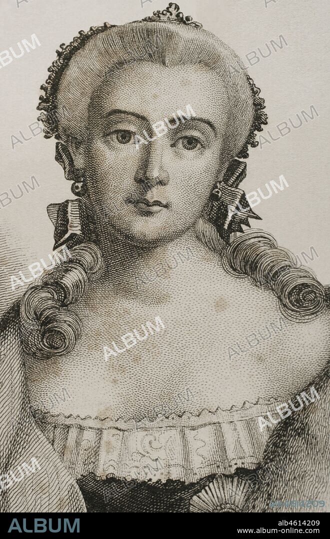 Isabel I de Rusia (1709-1762). Emperatriz del Imperio ruso entre 1741 y 1762. Fué la segunda hija de Pedro I y Catalina. Retrato, detalle. Grabado por Lemaitre, Vernier y Manceau. Historia de Rusia por Chopin. Panorama Universal, edición española de 1839.