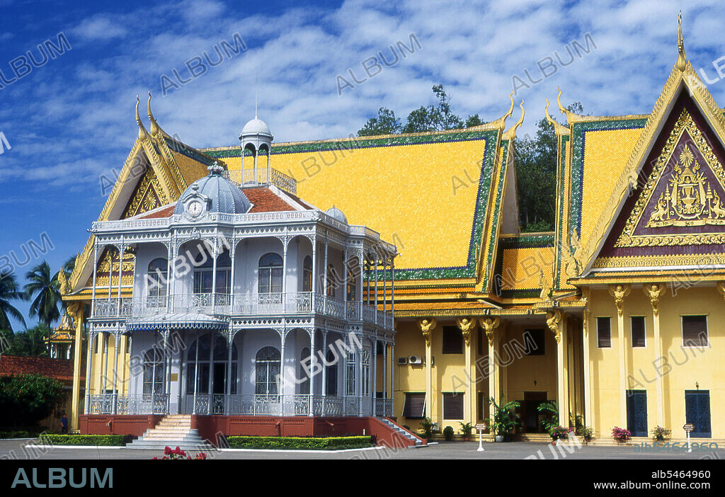 The Royal Palace (Preah Barum Reacha Veang Nei Preah Reacheanachak Kampuchea) and Silver Pagoda, in Phnom Penh, is a complex of buildings which serves as the royal residence of the king of Cambodia. Its full name in the Khmer language is Preah Barom Reachea Veang Chaktomuk. The Kings of Cambodia have occupied it since it was built in the 1860's, with a period of absence when the country came into turmoil during and after the reign of the Khmer Rouge. The palace was constructed after King Norodom relocated the royal capital from Oudong (Udong) to Phnom Penh in the mid-19th century. It was gradually built atop an old citadel called Banteay Kev. It faces towards the East and is situated at the Western bank of the four divisions at the Mekong River called Chaktomuk (an allusion to Brahma, the Hindu god of creation).