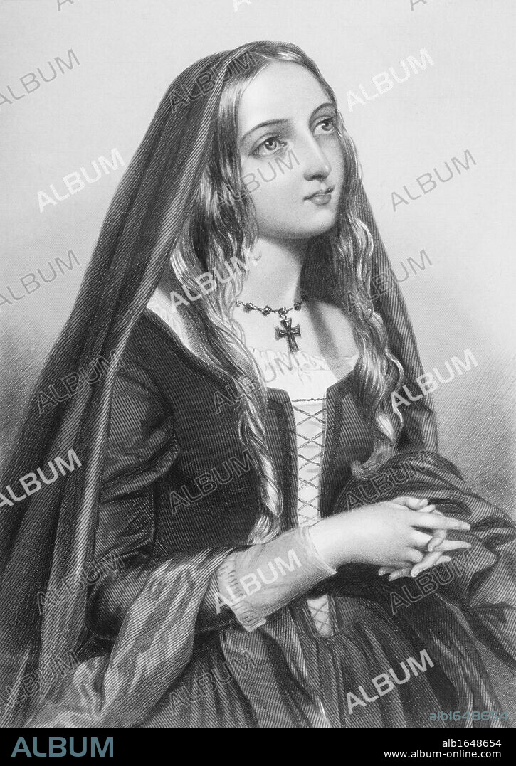 Elizabeth Woodville,1437-1492. Queen consort of King Edward IV of England. Engraved by H.Austin after J.W.Wright.From the book "The Queens of England, Volume I" by Sydney Wilmot. Published London circa. 1890.