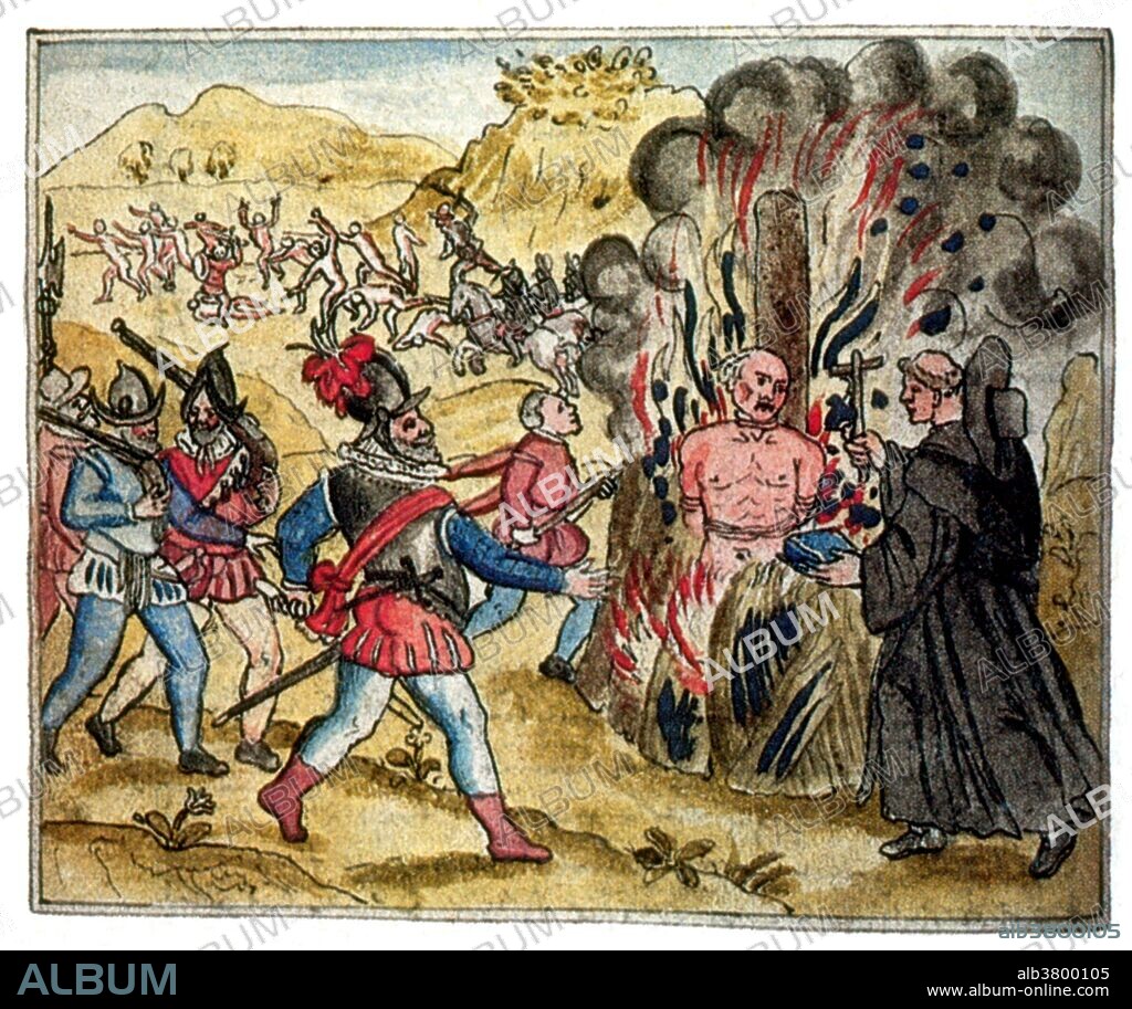 A chieftain named Hatuey burns at th stake in Cuba for attempting to flee from the Spaniards, as a Franciscan friar entreats him to convert to Christianity. Las Casa reported that Hatuey replied that he would prefer to go to hell. BartolomÃ© de las Casas (1484 - July 18, 1566) was a Spanish historian, social reformer and Dominican friar. He became the first resident Bishop of Chiapas, and the first officially appointed "Protector of the Indians". His extensive writings, the most famous being A Short Account of the Destruction of the Indies and Historia de Las Indias, chronicle the first decades of colonization of the West Indies and focus particularly on the atrocities committed by the colonizers against the indigenous peoples. Illustration from a 16th Century French edition.