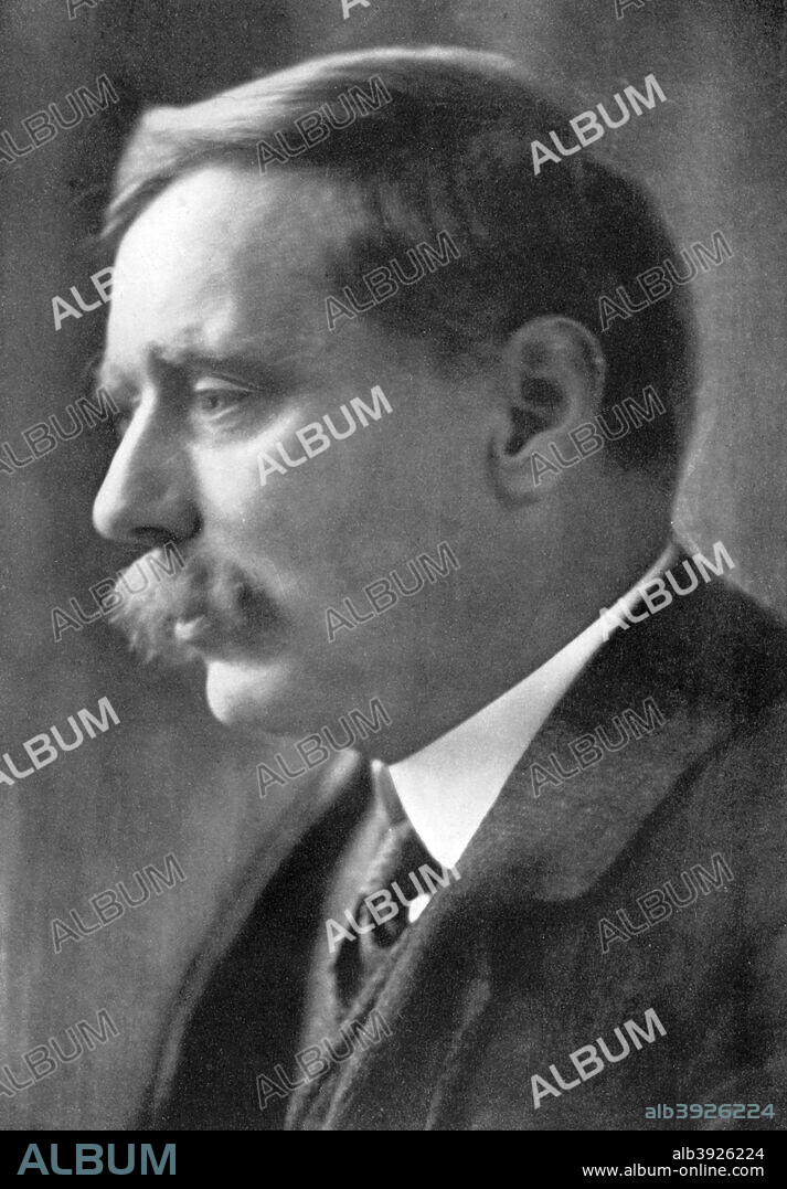 Herbert George Wells, British novelist, 1914. HG Wells (1866-1946) is best known for his science fiction novels such as The Time Machine, The War of the Worlds, The Invisible Man, and The Island of Doctor Moreau. Supplement to The Bookman, 1914.