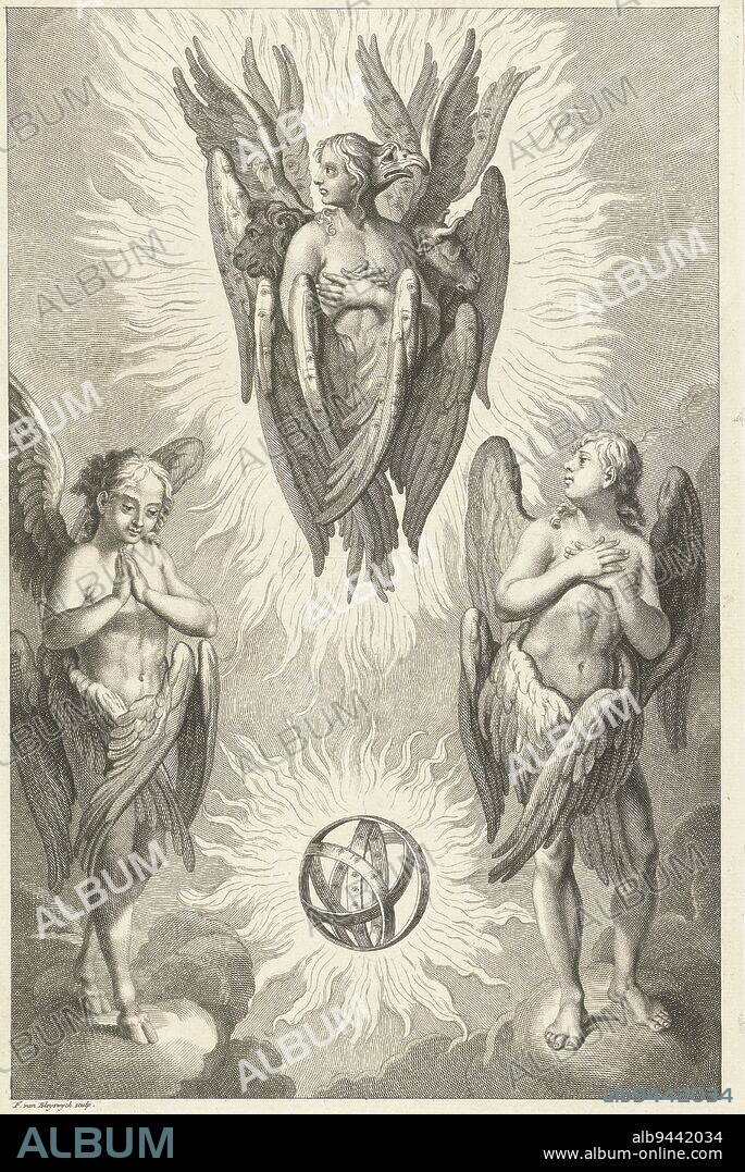 Three seraphs or angels in different forms, in the middle angel with four heads of symbols of the evangelists who are part of his body, the wings have eyes, Three seraphs in different forms Various images of the Cherubim, print maker: François van Bleyswijck, (mentioned on object), unknown, Leiden, 1681 - 1746, paper, etching, engraving, h 321 mm × w 203 mm.