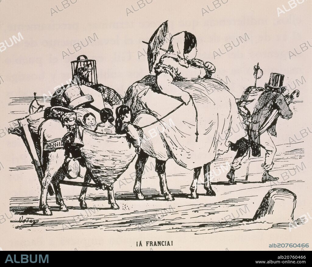 CARICATURA DE ISABEL II  "A FRANCIA" - GRABADO SIGLO XIX.