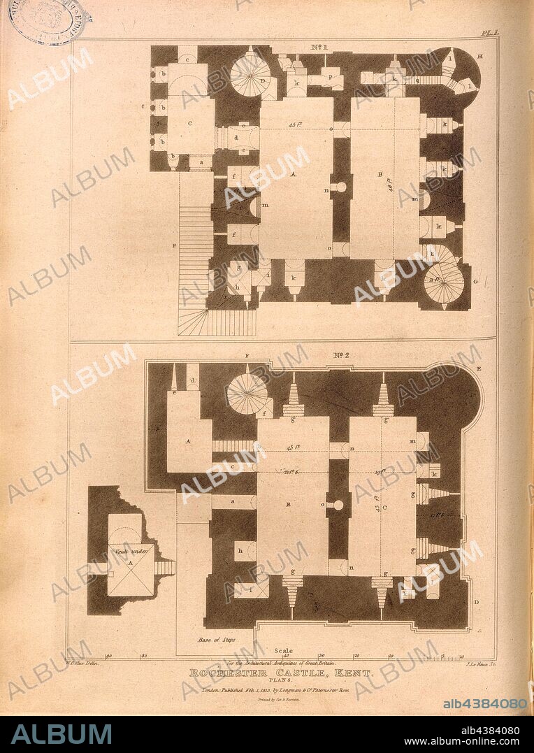 Rochester Castle, Kent, Plans, Floor Plans of the Rochester Castle Ruin in the Borough of Medway, signed: W. B. Hue Delin, J. Le Keux Sc, Published by Longman & Co, Fig. 54, Pl. I, after p. 158, Hue, W. B. (del.); Keux, John Le (sc.); Longman & Co. (published), 1813, John Britton: The architectural antiquities of Great Britain: represented and illustrated in a series of views, elevations, plans, sections and details of various ancient English edifices: with historical and descriptive accounts of each. Bd. 4. London: J. Taylor, 1807-1826.