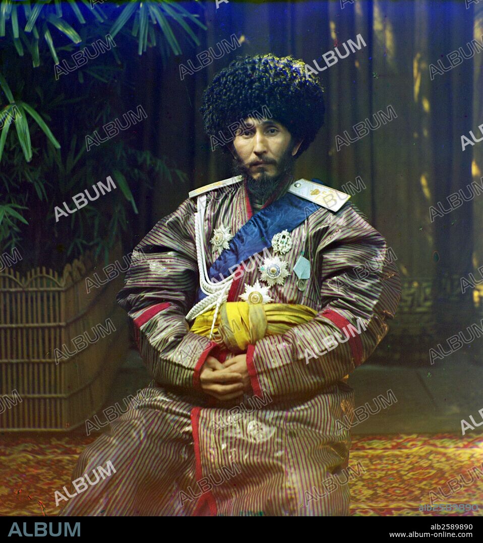 Isfandiyar, Khan of the Russian protectorate of Khorezm (Khiva), in uniform, seated on chair, outdoors by Sergei Mikhailovich Prokudin-Gorskii, 1863-1944.