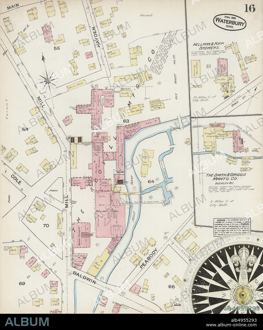 Image 16 of Sanborn Fire Insurance Map from Waterbury, New Haven County, Connecticut. Apr 1884. 17 Sheet(s), America, street map with a Nineteenth Century compass.