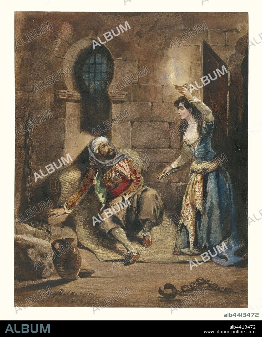 Episode from The Corsair by Lord Byron, Eugène Delacroix (French, 1798 - 1863), about 1831, Watercolor, brown ink, touches of gouache, over graphite underdrawing, 24.3 x 19.2 cm (9 9/16 x 7 9/16 in.).