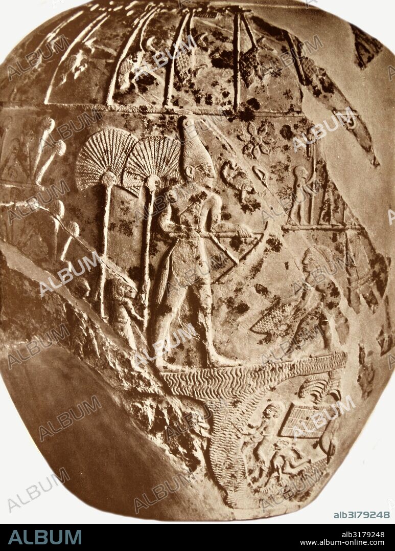 The Scorpion mace head; a decorated ancient Egyptian mace head found by British archaeologists James E. Quibell and Frederick W. Green; at Hierakonpolis during the dig season of 1897/1898; made of limestone and attributed to the pharaoh Scorpion.