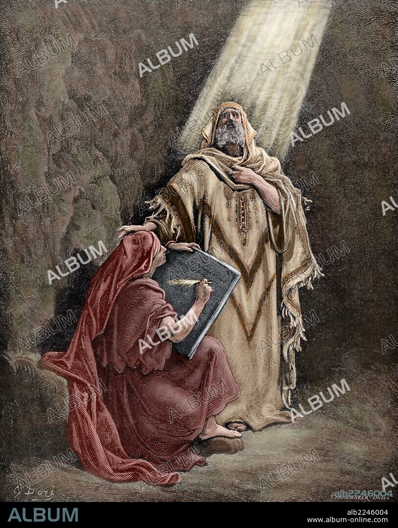 Jeremiah (650-585 BC). Hebrew Prophet. Jeremiah dictating his prophecies to Baruch. Engraving by Pannemaker. The Bible in pictures by Gustave Dore. Colored.