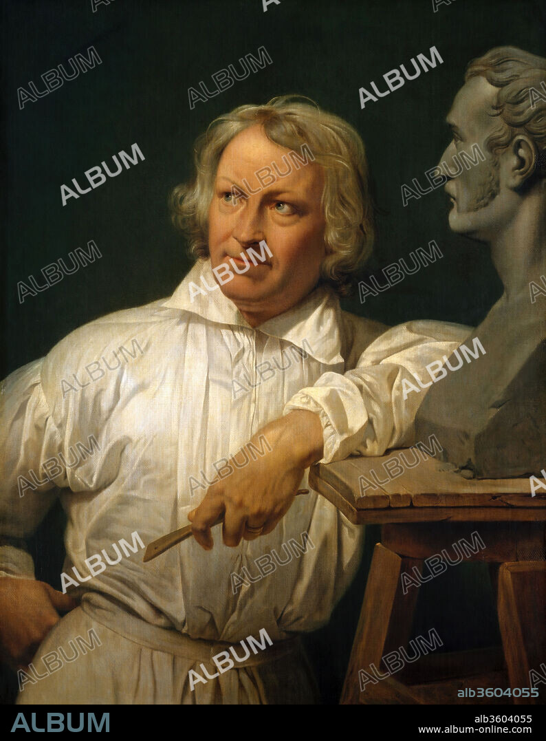 Bertel Thorvaldsen (1768-1844) with the Bust of Horace Vernet. Artist: Horace Vernet (French, Paris 1789-1863 Paris). Dimensions: 38 x 29 1/2 in. (96.5 x 74.9 cm). Date: 1833 or later.
The internationally celebrated Danish sculptor Bertel Thorvaldsen spent most of his working life in Rome. He befriended Vernet during the latter's tenure as Director of the French Academy in Rome, between 1829 and 1835. The marble bust represented here was given by Vernet in 1835 to the Musée Calvet, Avignon; the original plaster mold is in the Thorvaldsens Museum, Copenhagen. The present work is a replica of the prime version in the Thorvaldsens Museum, in which the stand at the right is signed and dated 1833.