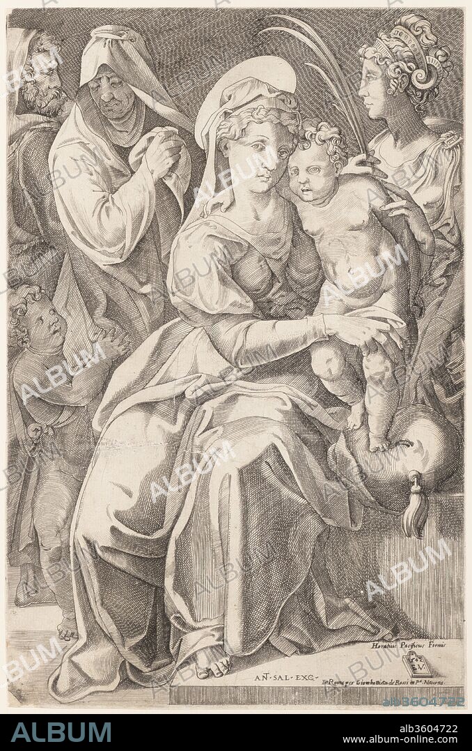The Holy Family with St. Anne and St. Catherine. Artist: Enea Vico (Italian, Parma 1523-1567 Ferrara); After Rosso Fiorentino (Italian, Florence 1494-1540 Fontainebleau); or after Francesco Salviati (Francesco de' Rossi) (Italian, Florence 1510-1563 Rome) by Voss (1920) and Mortari (1992). Dimensions: plate: 14 1/2 x 9 1/2 in. (36.8 x 24.2 cm). Published in: Rome. Publisher: Published by Giovanni Giacomo De Rossi (Italian, Rome 1627-1691 Rome); Previously published by Orazio Pacifico (Italian, ca. 1580-1637); Previously published by Antonio Salamanca (Salamanca 1478-1562 Rome). Date: 1542, published 1627-50.