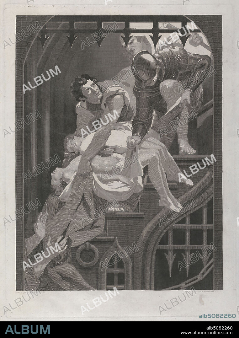 Richard III: Act IV, Scene III, Tower of London, Print made by William Skelton, 17631848, British, after James Northcote, 17461831, British, 1795, Etching and line engraving on medium, slightly textured, cream laid paper, Sheet: 29 3/8 × 20 1/8 inches (74.6 × 51.1 cm), Plate: 22 3/8 × 16 1/4 inches (56.8 × 41.3 cm), and Image: 19 3/4 × 14 7/8 inches (50.2 × 37.8 cm), armor, burial, children, dead, death, gate, literary theme, Richard III, play by William Shakespeare, stairs, Tower of London.