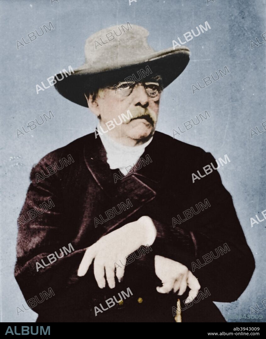 'Otto von Bismarck, German statesman', (1815-1898), 1894-1907. Otto Edward Leopold, Count von Bismarckwas Chancellor of Prussia and architect of modern Germany. His ambition was to unify the various independent German states into a single nation under Prussian leadership. The catalyst to bringing this about was the Franco-Prussian War of 1870, when the other German states fought alongside the Prussians. France was defeated, and in 1871, the German Empire was established, with Bismarck as Chancellor. From Ogden's Guinea Gold Cigarettes. (Colorised black and white print).