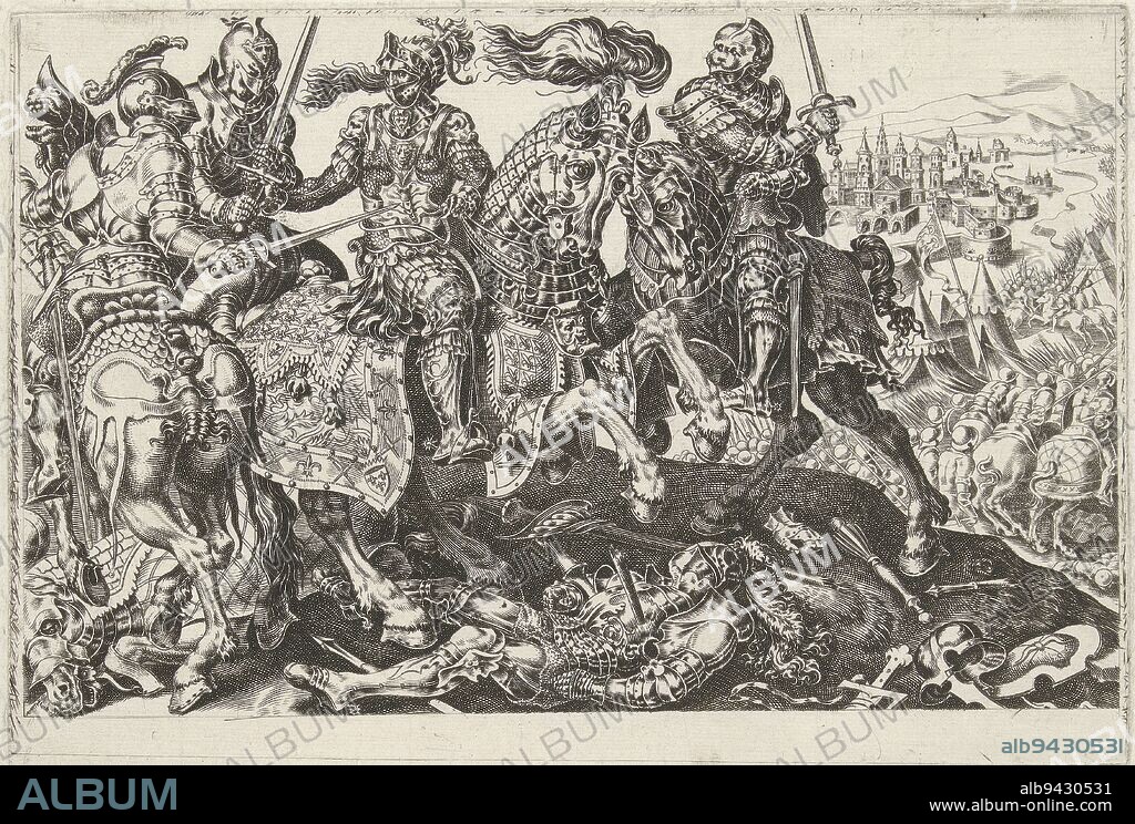 The capture of Francis I, king of France, during the battle of Pavia (1525). The king on horseback is surrounded by three knights, also on horseback. In the foreground is the body of a defeated knight. On the background tents and armies with the city of Pavia in the distance. The print is part of a twelve-part series on the victories of Charles V. He has a separate text strip with a Latin text, Prisoner of French I during the battle of Pavia, 1525 Victory of Charles V (series title) Divi Caroli. V. imp. opt. max. victoriae, ex multis praecipuae (series title), print maker: Dirck Volckertsz. Coornhert, (possibly), print maker: Cornelis Bos, (possibly), Maarten van Heemskerck, print maker: Haarlem, print maker: Antwerp, Haarlem, publisher: Antwerp, 1555 - 1556, paper, etching, engraving, letterpress printing, h 155 mm × w 232 mm.