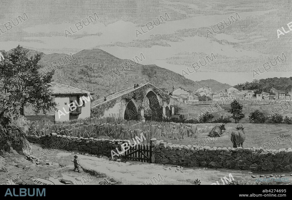 Spain, Asturias, Cangas de Onís. View of the so-called "Roman Bridge", although its construction dates back to medieval times. Engraving. La Ilustración Española y Americana, 1882.