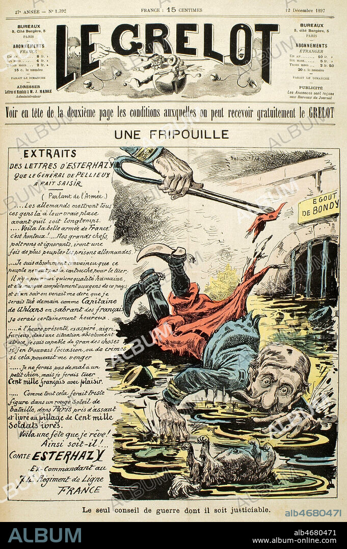 Une fripouille. Le commandant ESTERHAZY tenu avec des pincettes. Caricature de PEPIN (ne en 1842) pour Le Grelot du 12/12/1897. Credit : Collection KHARBINE-TAPABOR.