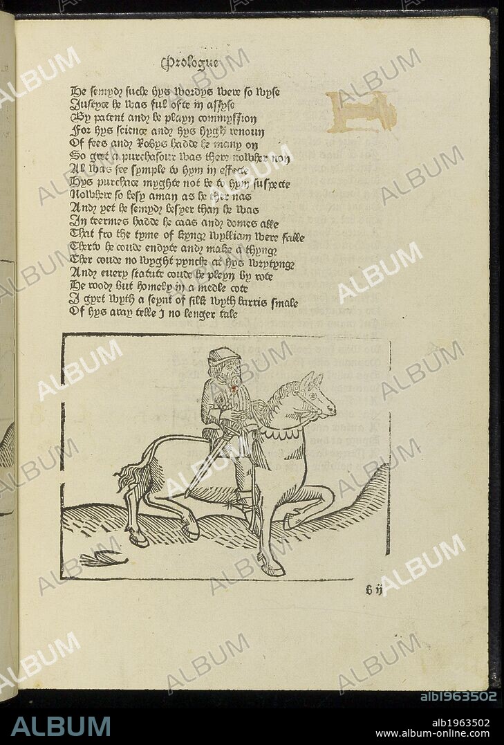 GEOFFREY CHAUCER. Character from the Canterbury Tales. A woodcut of the Squire and text from the Squire's Tale. Canterbury Tales. Westminster, 1485. Begin. [fol. 2 recto:] gRete thankes lawde and honour, ought to be gyuen vnto the clerkes, etc. Source: G.11586 b2.