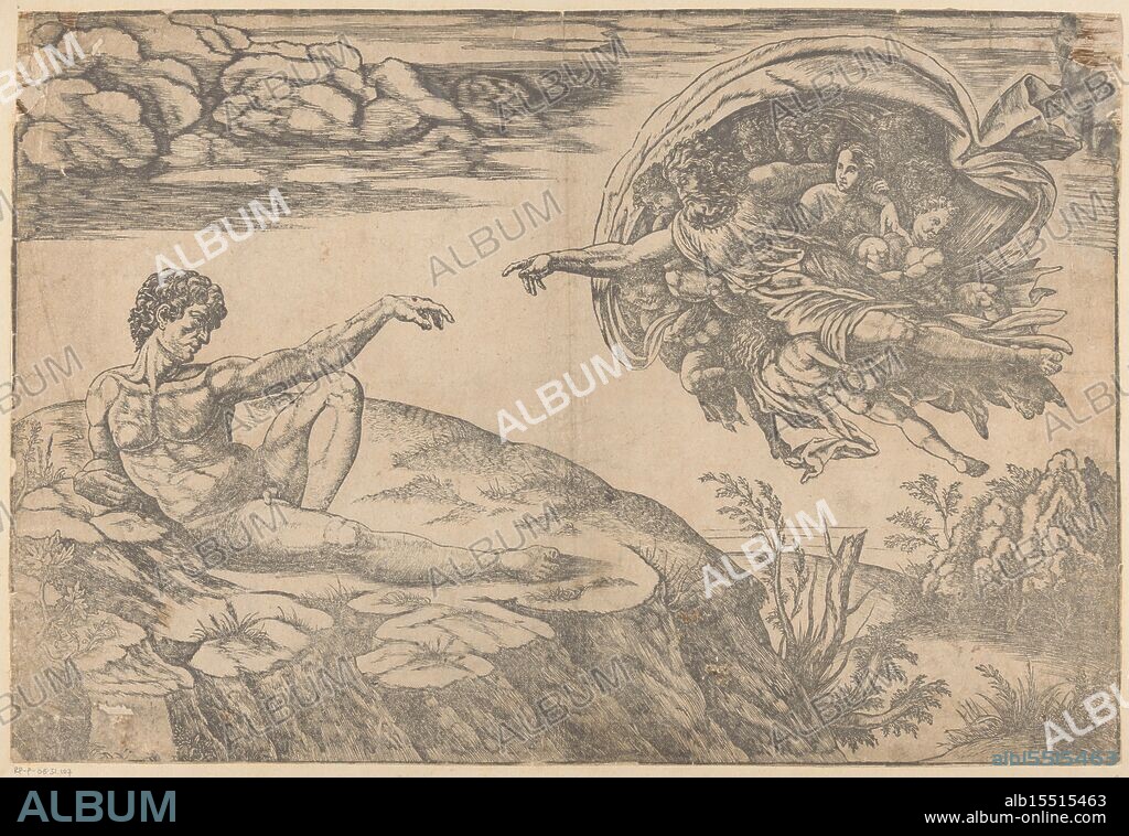 Vatican City, Michelangelo, Grandi, Girolamo, Italy, Ruina, Gaspare, Creation of Adam, verso - stamped, God the Father extends his arm towards the naked Adam to bring him to life., print, prent, prints, height 353 mm, width 515 mm, Italian, print maker, printmaker, 1530 - 1548, first quarter 16th century, second quarter 16th century, paper, ink, woodcut, pen, Work conception, after a design by, 1475-03-06 - 1564-02-18, after a painting by.