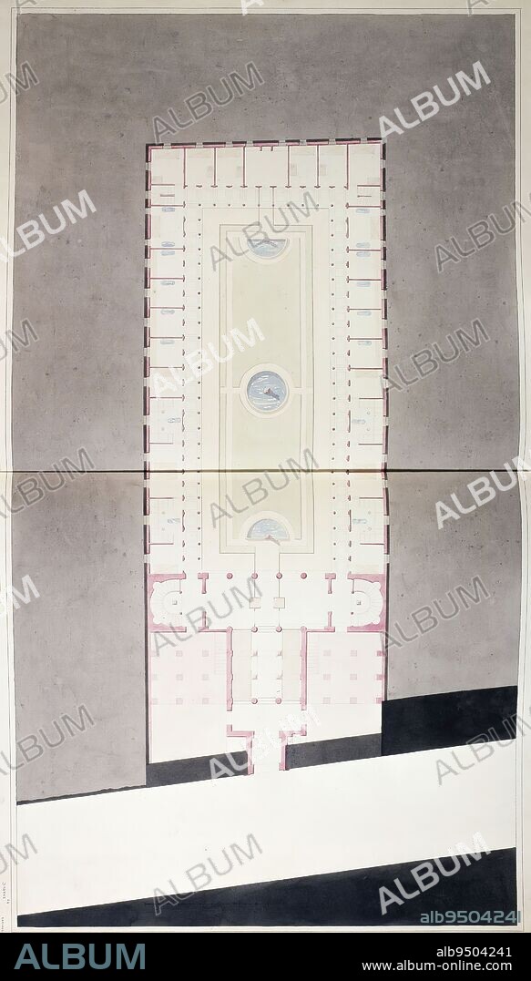 Villa of Mr. Péligot in Enghien: plan of the first floor, Rohault de Fleury, Charles, Draftsman, Drawing, Graphic arts, Architectural drawing, Plan, section, elevation, Pen, Black ink, Pencil, Wash, Height: 49 cm, Width: 85.5 cm.
