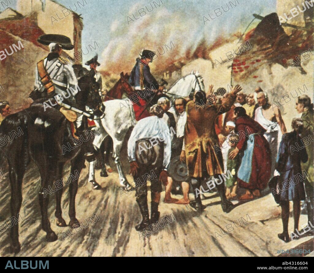 Frederick the Great in the ruins of Küstrin before the Battle of Zorndorf, 25 August 1758, (1936). 'Friedrich Der Grosse Vor Der Schlacht Bei Zorndorf In Dem Zerstörten Küstrin. 25 August 1758'. King Frederick the Great of Prussia (1712-1786) and his forces fought the Russians near the village of Zorndorf, formerly in the Margraviate of Brandenburg, Prussia, (present-day Sarbinowo, in north-western Poland). From "Bilder Deutscher Geschichte", (Pictures of German History), No.12, cigarette card album. [Cigaretten-Bilderdienst, Altona-Bahrenfeld, Hamburg, Germany, 1936].