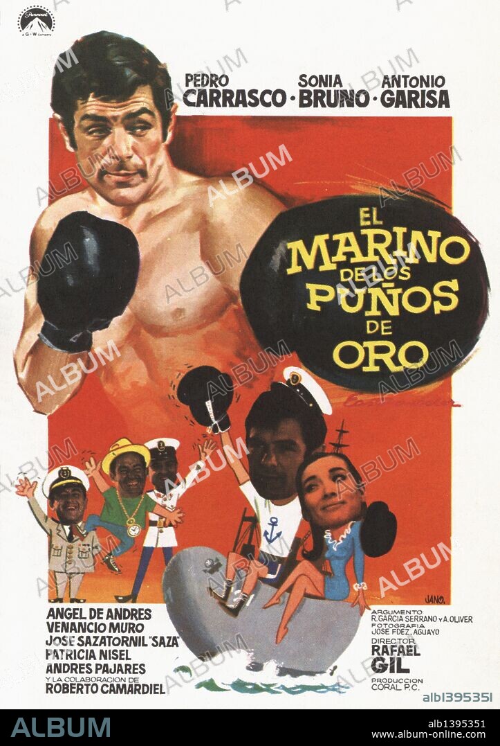Cartel de la película El Marino de los Puños de Oro, ilustrado por Jano, con Pedro Carrasco y Sonia Bruno, dirigda por Rafael Gil. España, 1968.