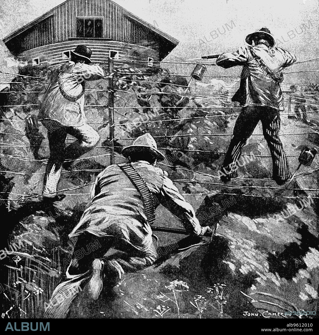 Boers attacking a British blockhouse (microfort) during the 2nd Boer War of 1899-1902.