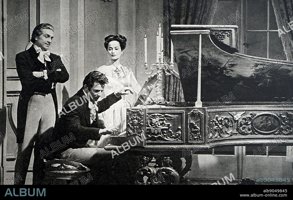 Film still from 'A Song to Remember' starring Comel Wilde, Merle Oberon, Paul Muni, and Nina Foch.